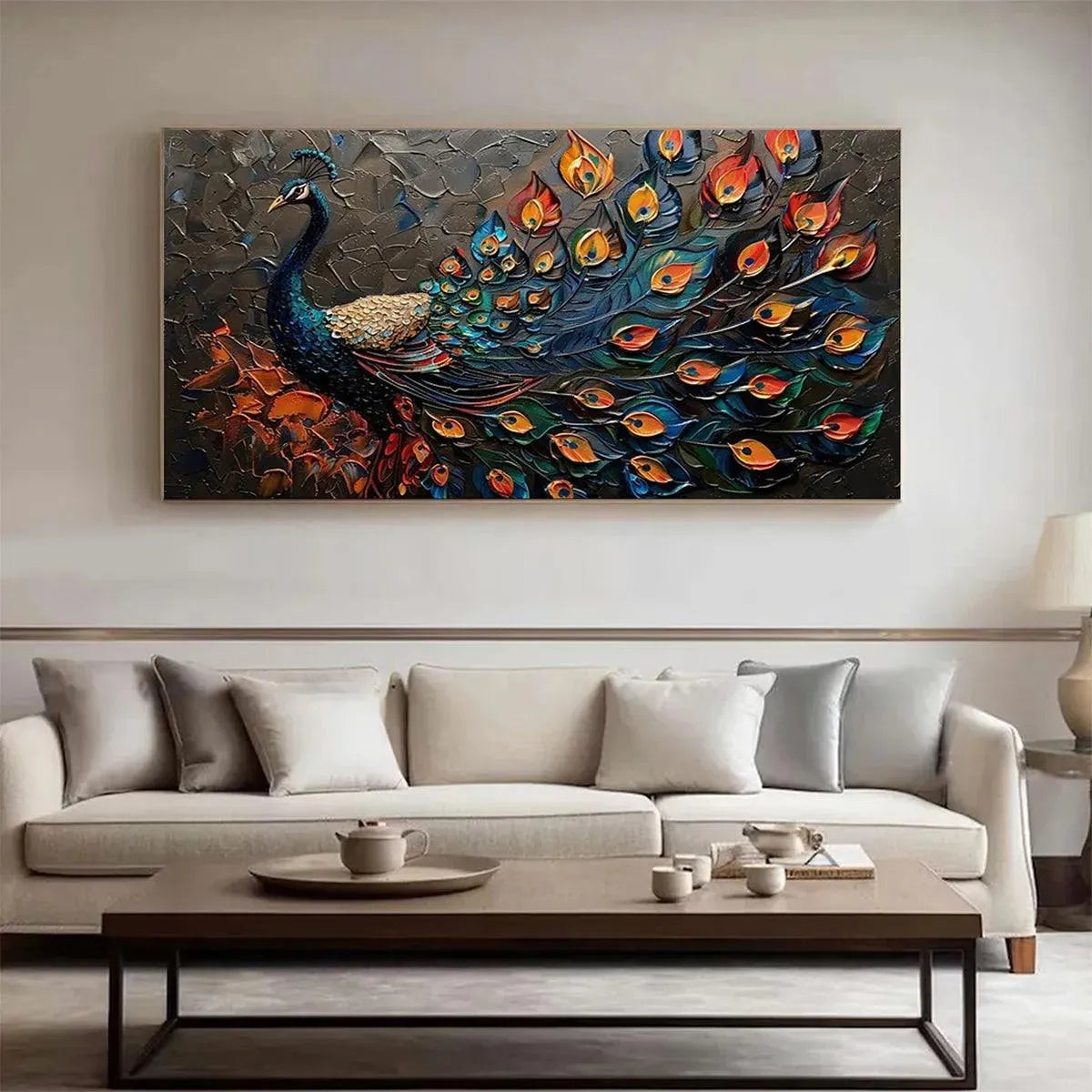 MAJESTIC PLUMAGE: Textured Peacock Painting, Impasto Wall Art, Horizontal Canvas, Animal Decor - Image 2
