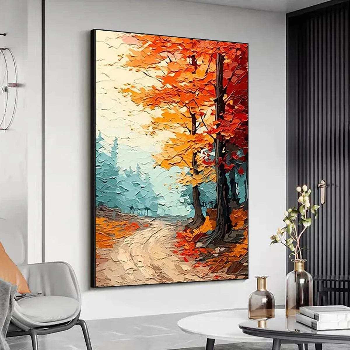 AUTUMN PATH: Textured Forest Path Painting, Orange and Blue Wall Art, Vertical Canvas, Impasto Decor - Image 5