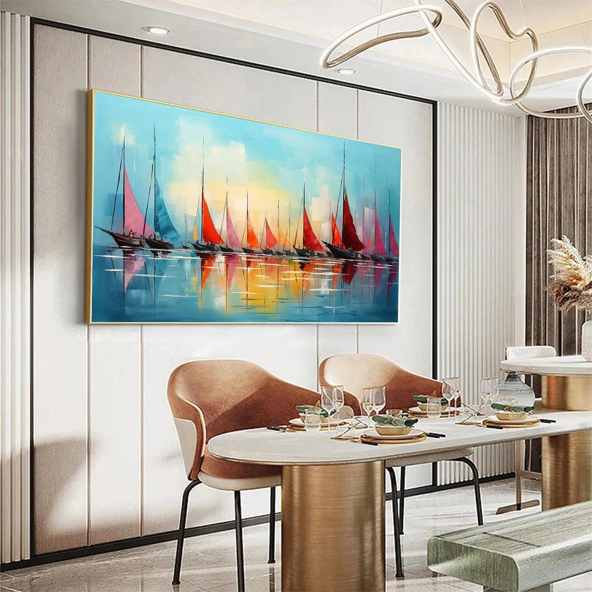 REGATTA AT DAWN: Panoramic Sailboat Painting, Colorful Sunrise - Image 2