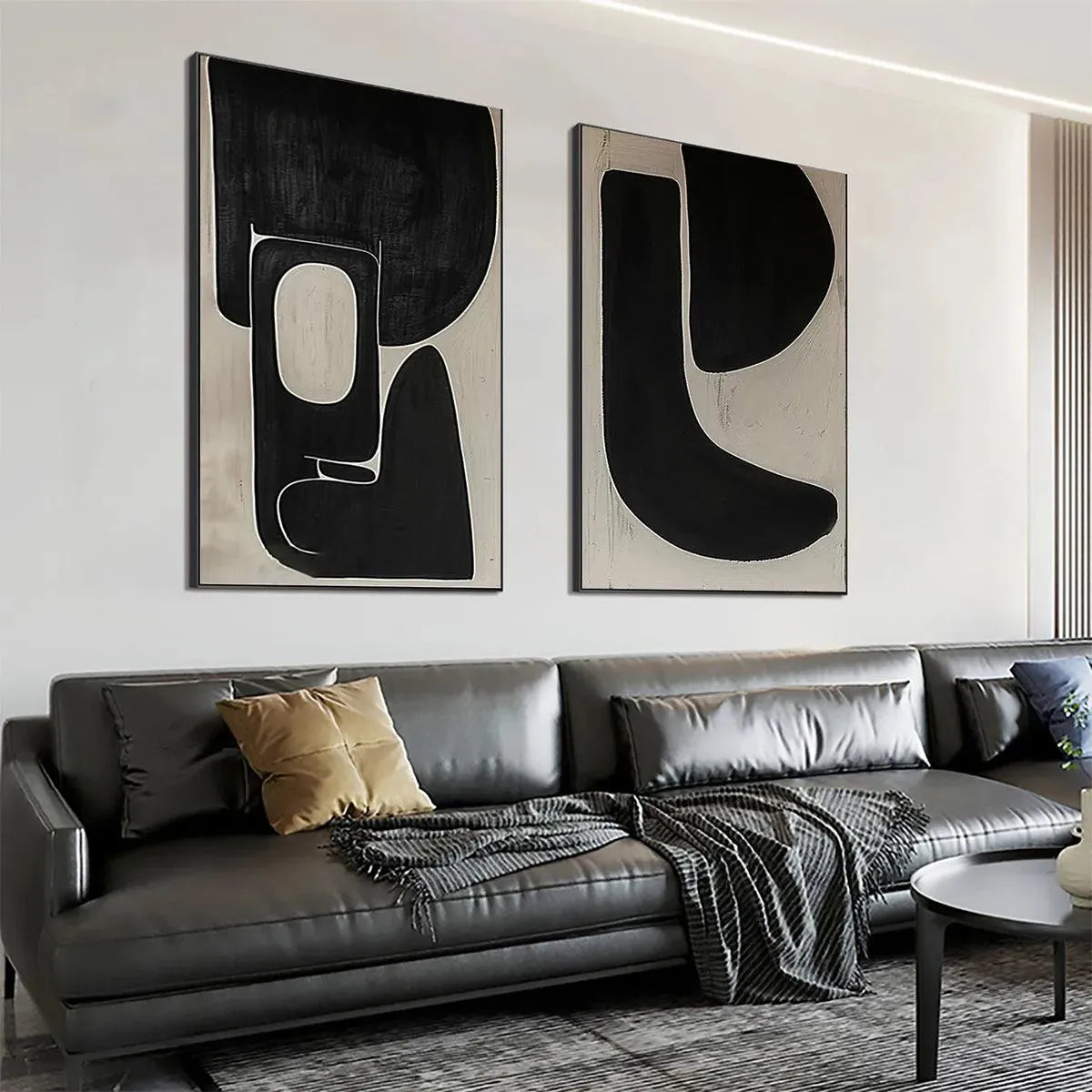 BLACK & BEIGE ABSTRACT DIPTYCH II: Abstract Painting Set of 2, Vertical Wall Art - Image 8