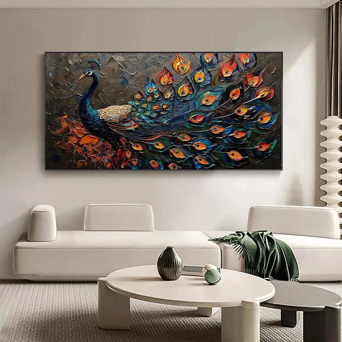MAJESTIC PLUMAGE: Textured Peacock Painting, Impasto Wall Art, Horizontal Canvas, Animal Decor - Image 5