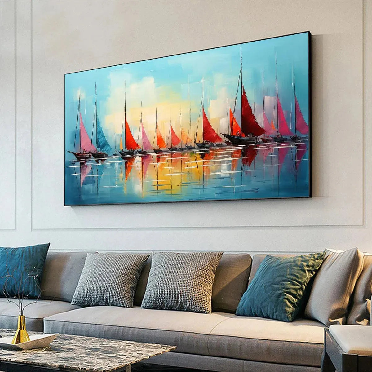 REGATTA AT DAWN: Panoramic Sailboat Painting, Colorful Sunrise - Image 4