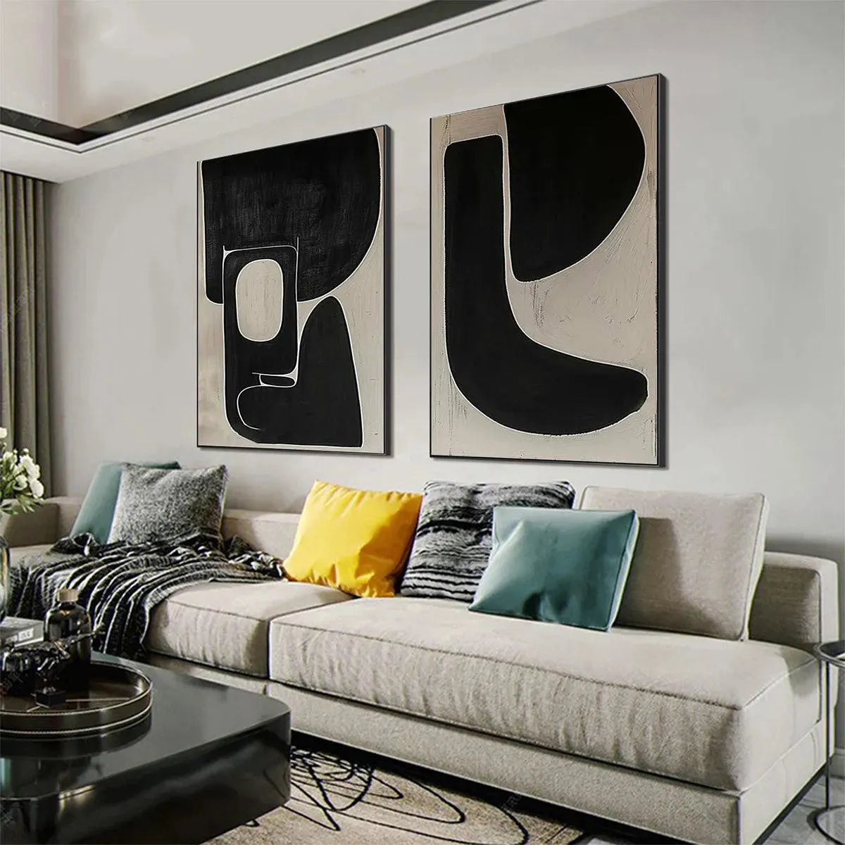 BLACK & BEIGE ABSTRACT DIPTYCH II: Abstract Painting Set of 2, Vertical Wall Art - Image 4