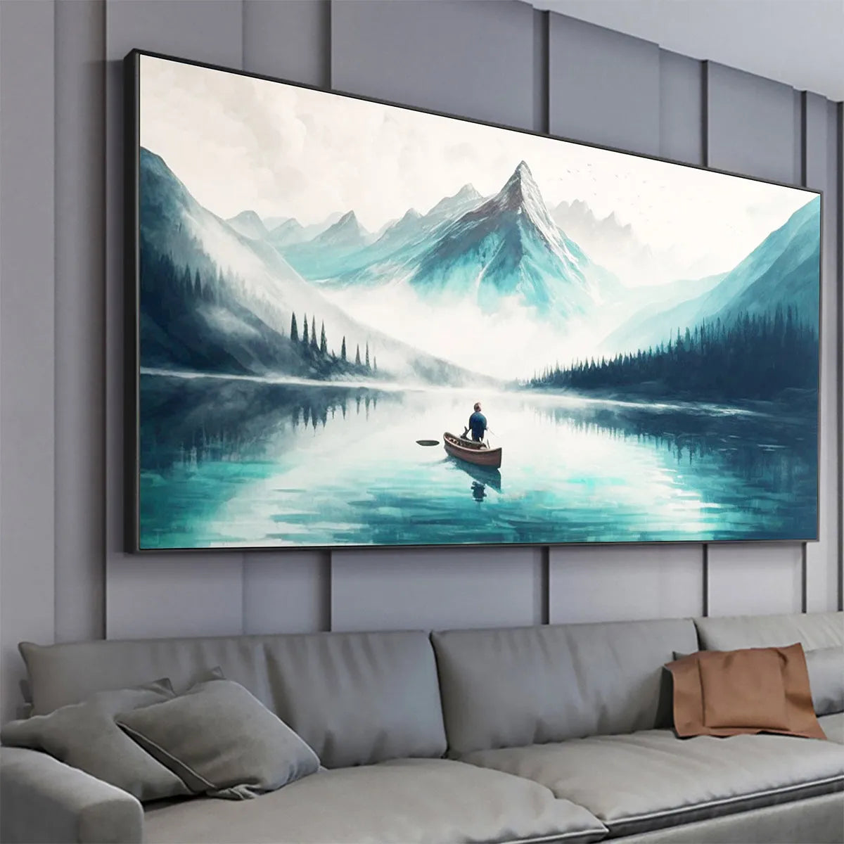SOLITUDE'S EMBRACE: Panoramic Lake and Mountain Landscape Oil Painting with Canoe - Image 3