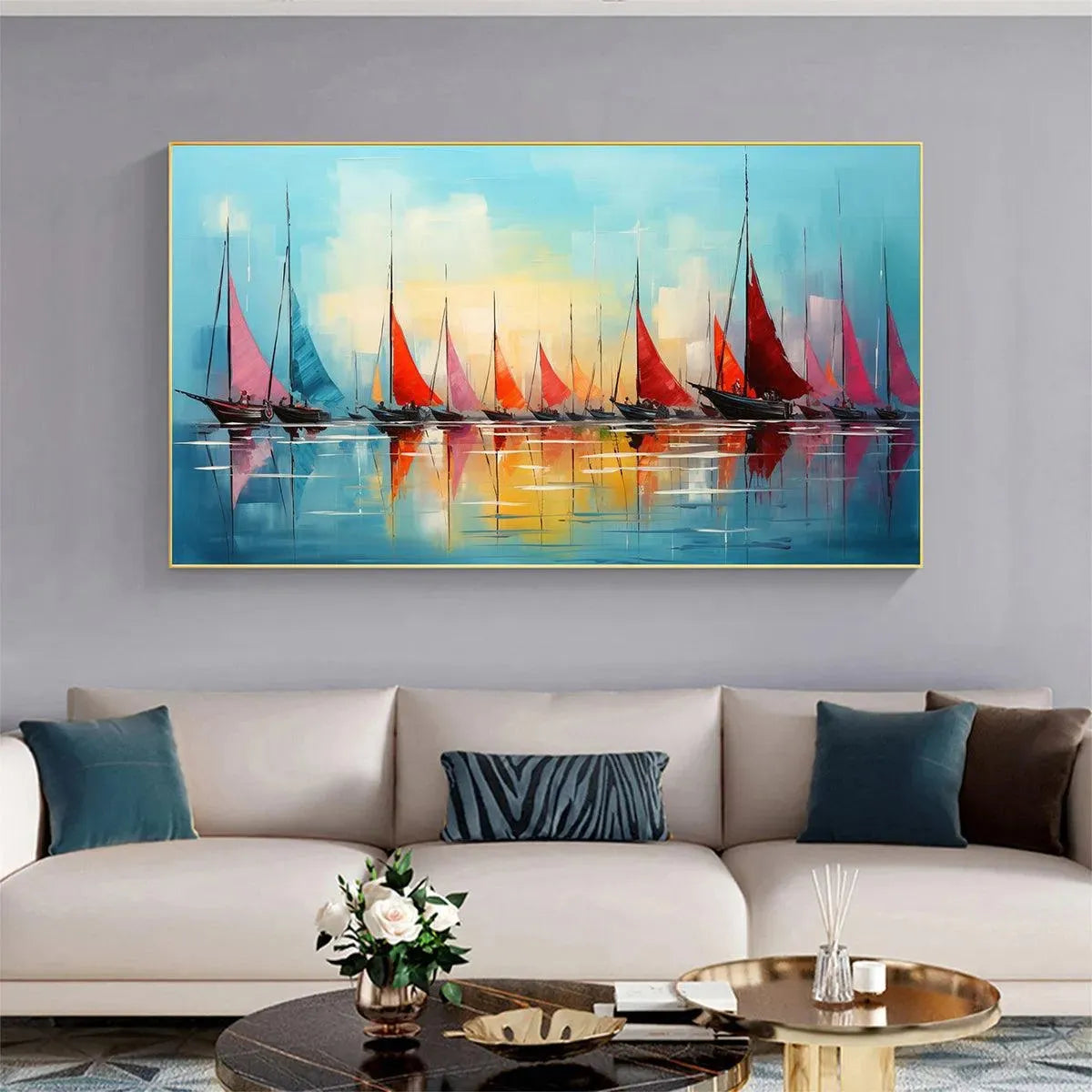 REGATTA AT DAWN: Panoramic Sailboat Painting, Colorful Sunrise - Image 5