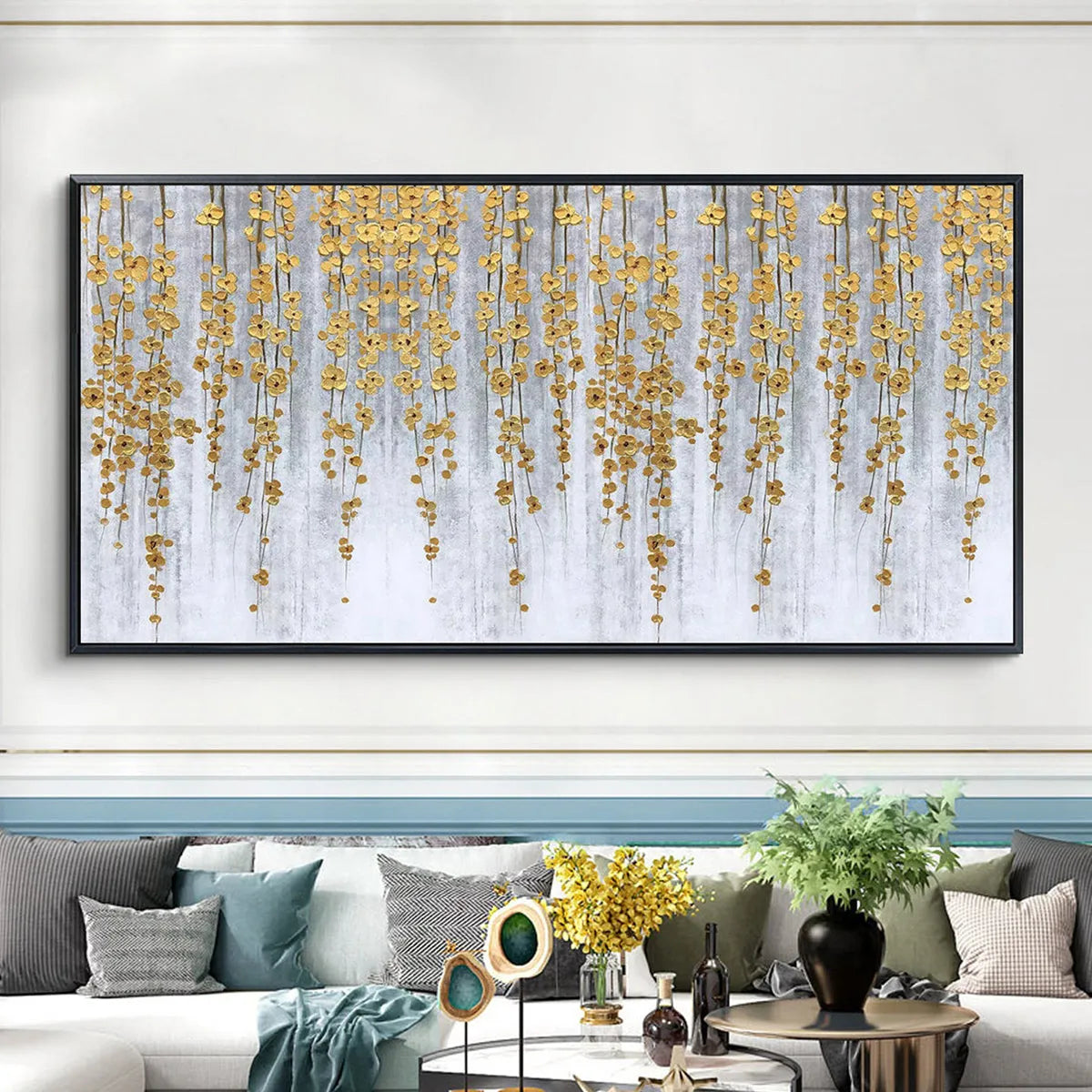 GOLDEN RAIN: Minimalist Floral Oil Painting in Gold and Grey - Image 4