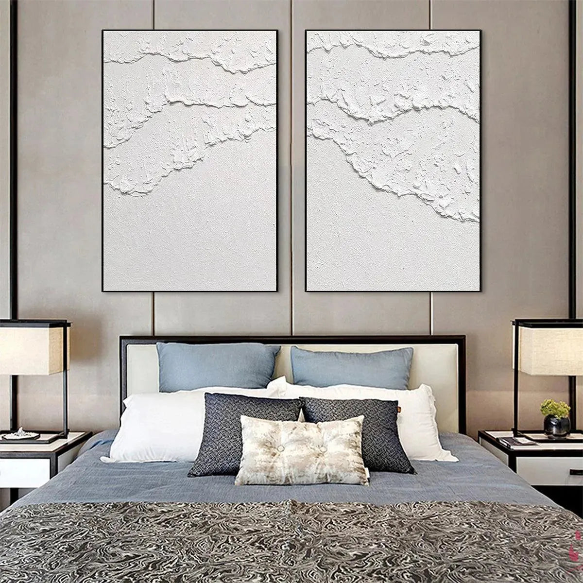 WHITE TEXTURED WAVES DIPTYCH: Textured Abstract Painting Set of 2, Vertical Wall Art - Image 8