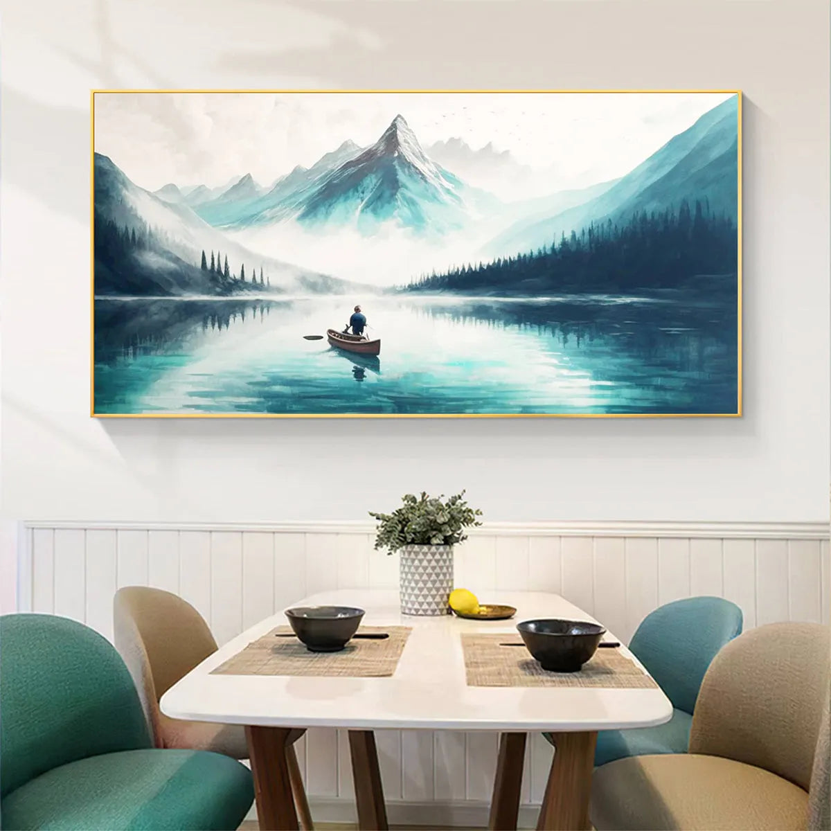 SOLITUDE'S EMBRACE: Panoramic Lake and Mountain Landscape Oil Painting with Canoe - Image 4