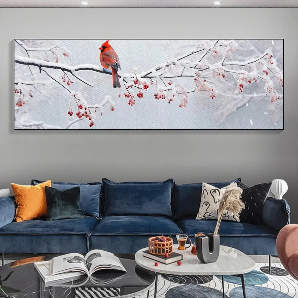 WINTER CARDINAL PANORAMIC: Bird Painting, Panoramic Wall Art, Winter Decor - Image 2