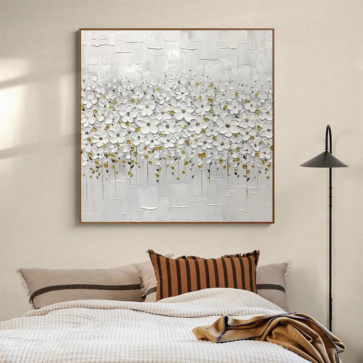 WHITE BLOSSOM FIELD: Textured White Floral Painting, Square Wall Art - Image 6