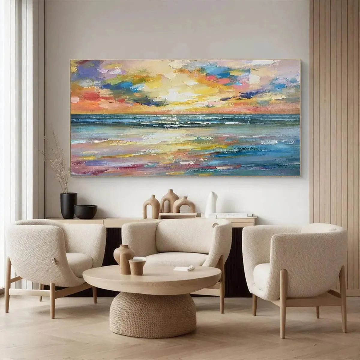 SEASIDE SUNSET SERENADE: Ocean Painting, Impasto Texture, Sunset Beach, Panoramic Wall Art, Horizontal Canvas - Image 5