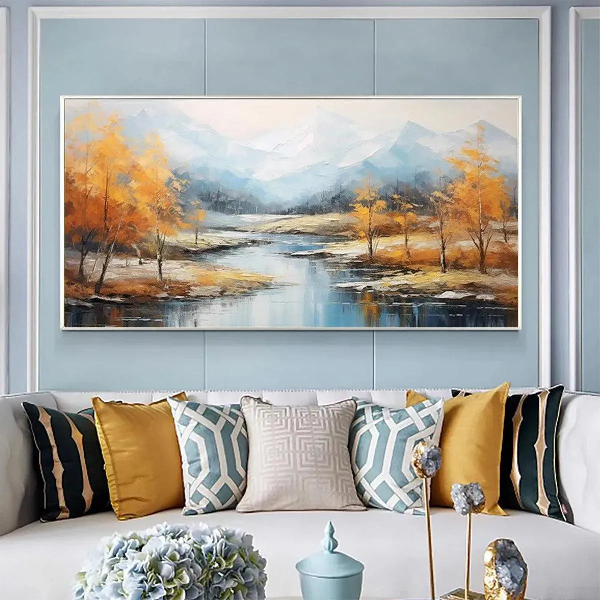 GOLDEN AUTUMN VALLEY: Traditional Landscape Painting in Yellow and Blue - Image 2