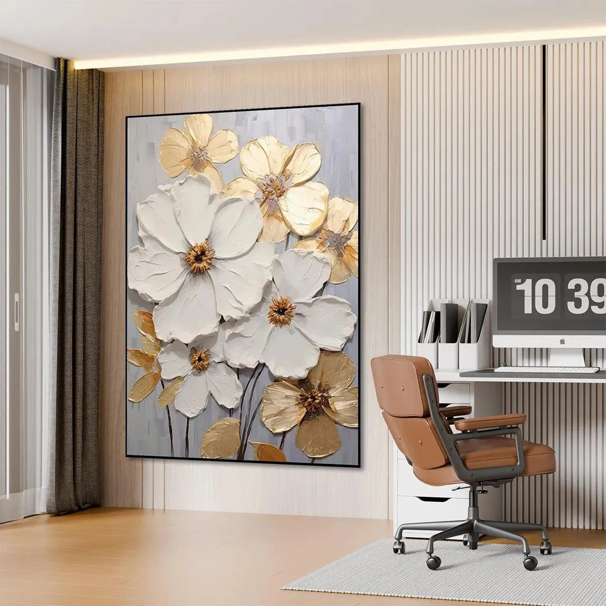 GOLDEN WHISPERS: Textured Floral Painting, Gold and White Wall Art, Vertical Canvas, Impasto Decor - Image 7
