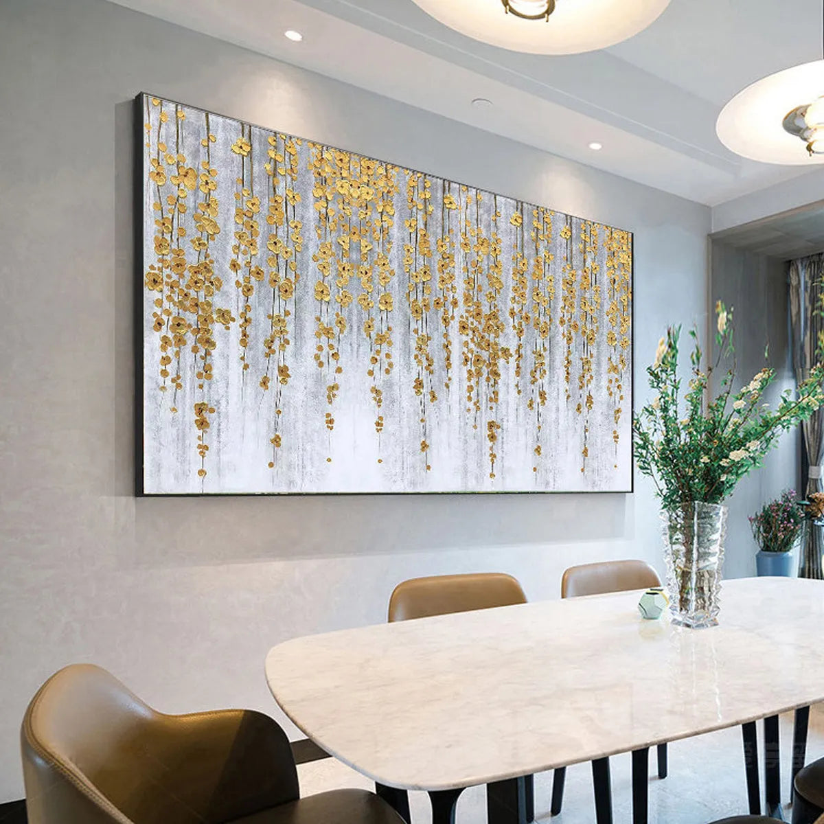 GOLDEN RAIN: Minimalist Floral Oil Painting in Gold and Grey - Image 5