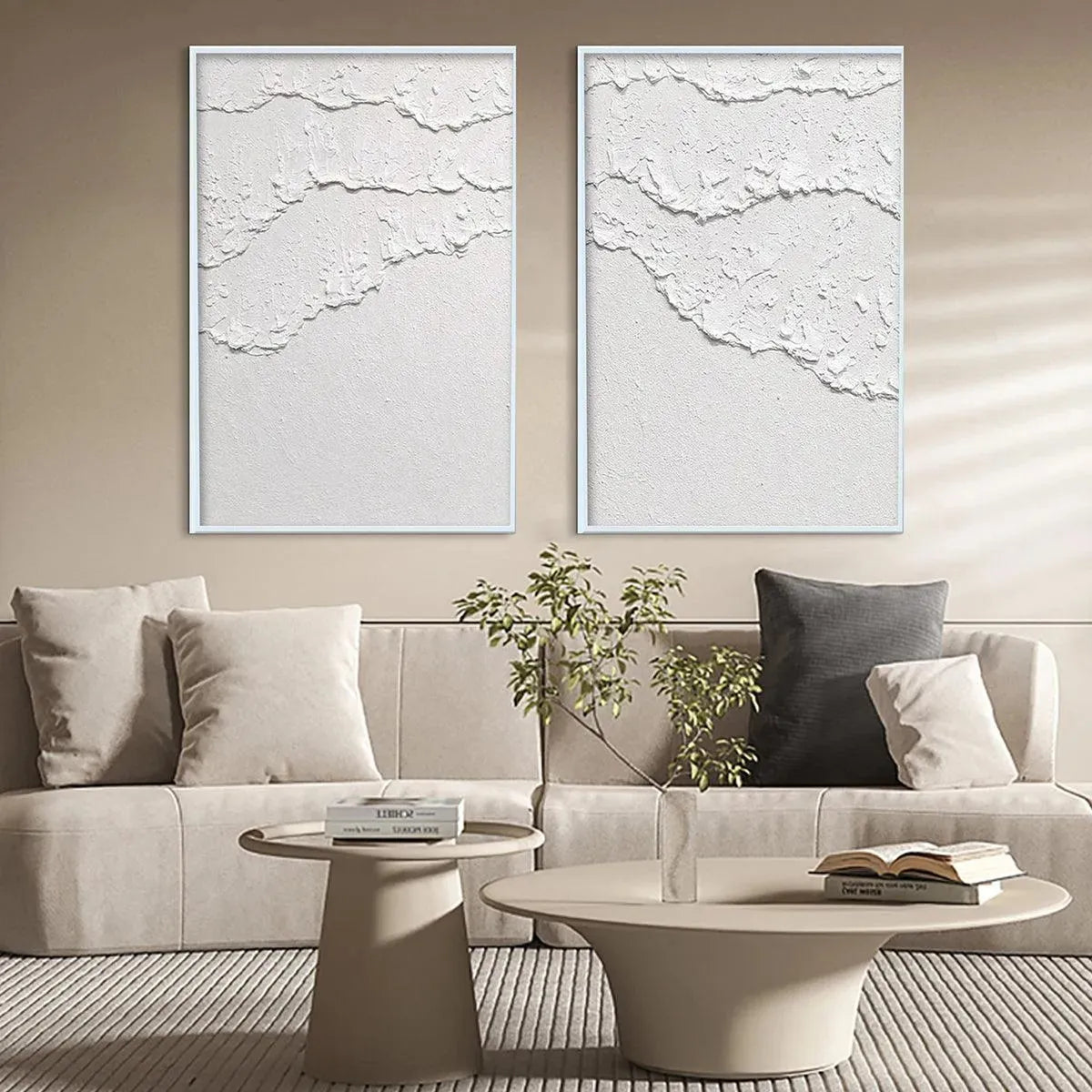 WHITE TEXTURED WAVES DIPTYCH: Textured Abstract Painting Set of 2, Vertical Wall Art - Image 9