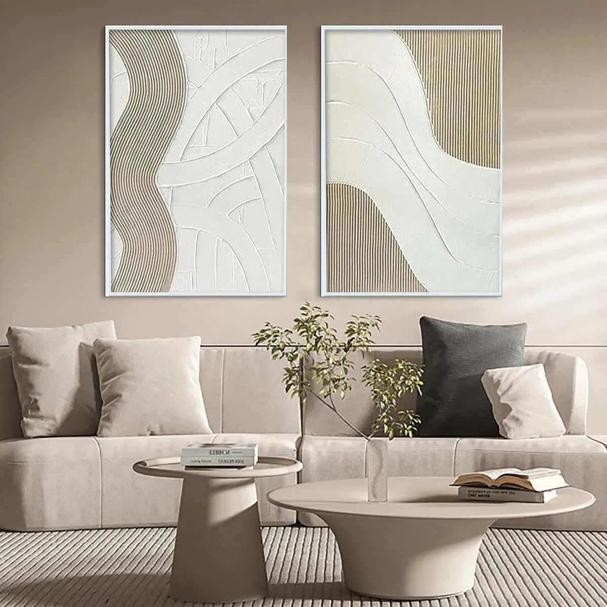 TEXTURED WHITE LINES DIPTYCH: Minimalist Textured Painting Set of 2, Square Wall Art - Image 2