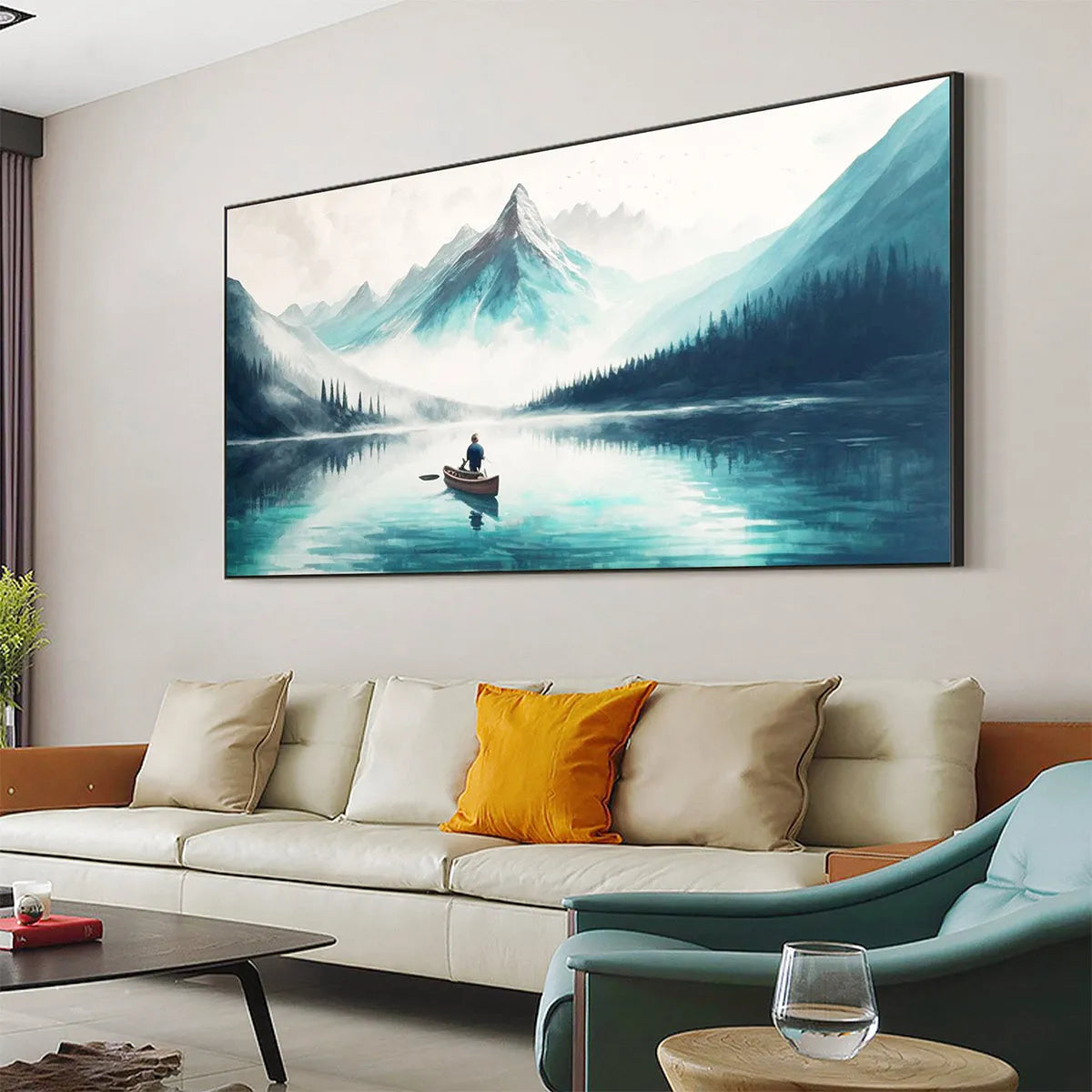 SOLITUDE'S EMBRACE: Panoramic Lake and Mountain Landscape Oil Painting with Canoe - Image 6