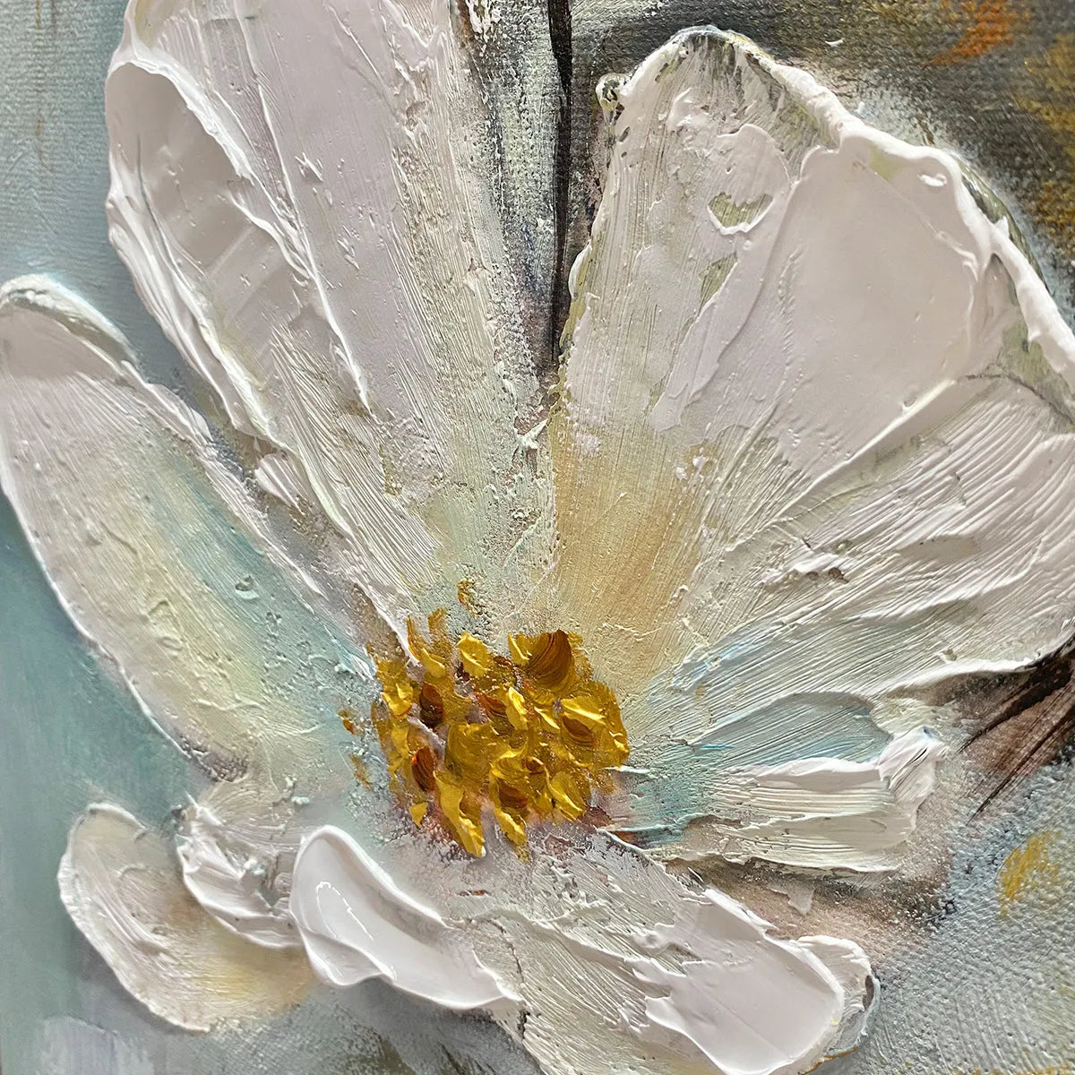 GOLDEN BLOSSOMS: Vertical Textured Floral Painting, Impasto White Flowers, Gold Accents, Living Room, Bedroom - Image 3