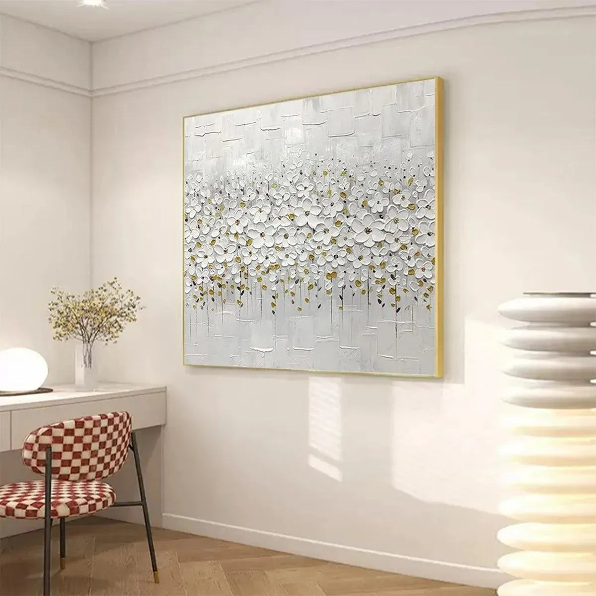 WHITE BLOSSOM FIELD: Textured White Floral Painting, Square Wall Art - Image 4