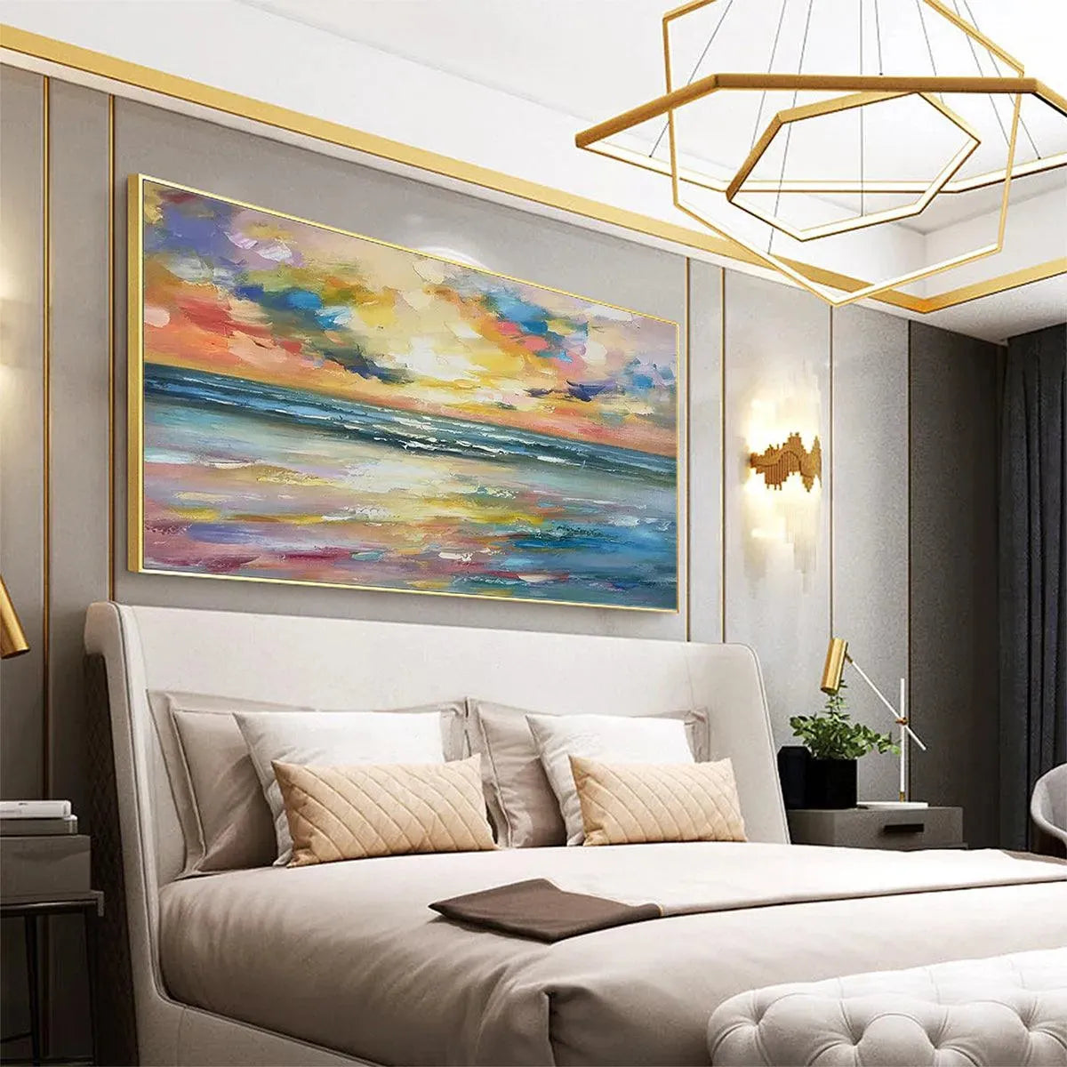 SEASIDE SUNSET SERENADE: Ocean Painting, Impasto Texture, Sunset Beach, Panoramic Wall Art, Horizontal Canvas - Image 6