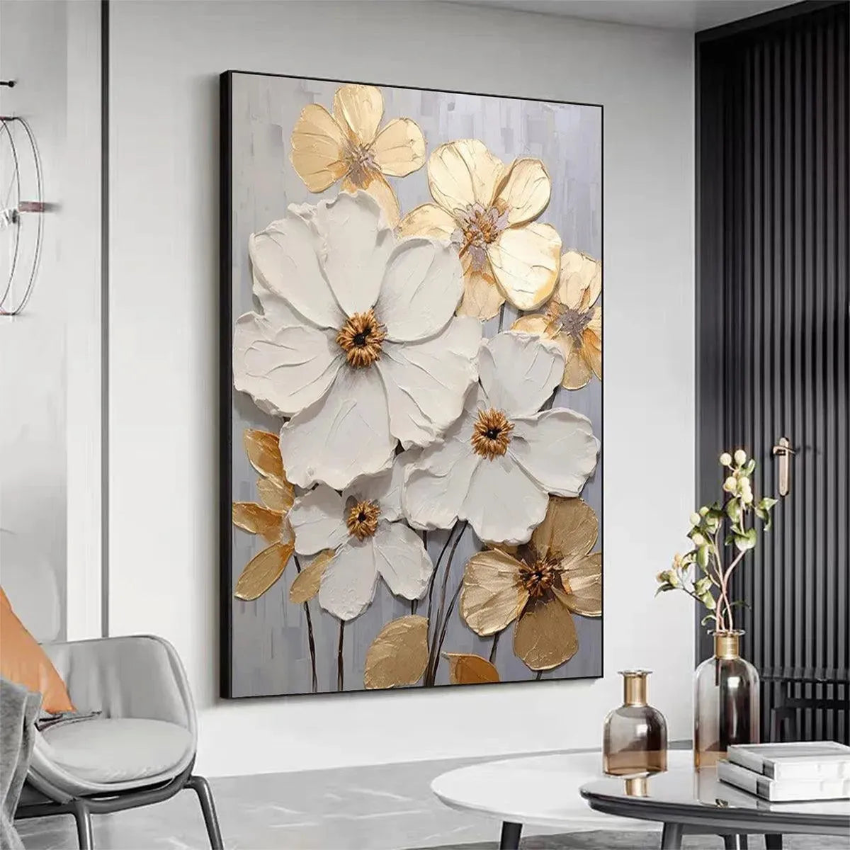 GOLDEN WHISPERS: Textured Floral Painting, Gold and White Wall Art, Vertical Canvas, Impasto Decor - Image 4