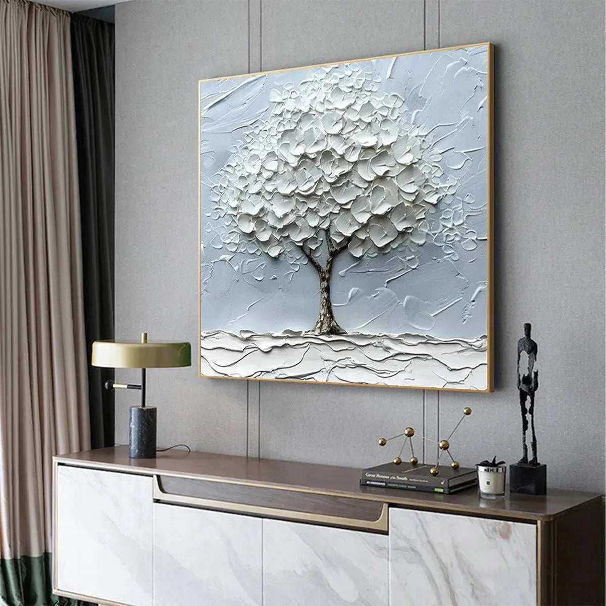 WINTER'S EMBRACE: Textured Tree Painting, Impasto Wall Art, Square Canvas, Winter Decor, Minimalist Art - Image 5