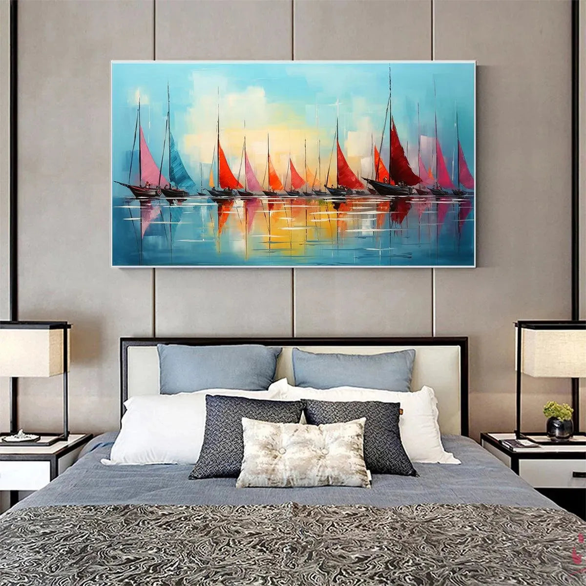 REGATTA AT DAWN: Panoramic Sailboat Painting, Colorful Sunrise - Image 8