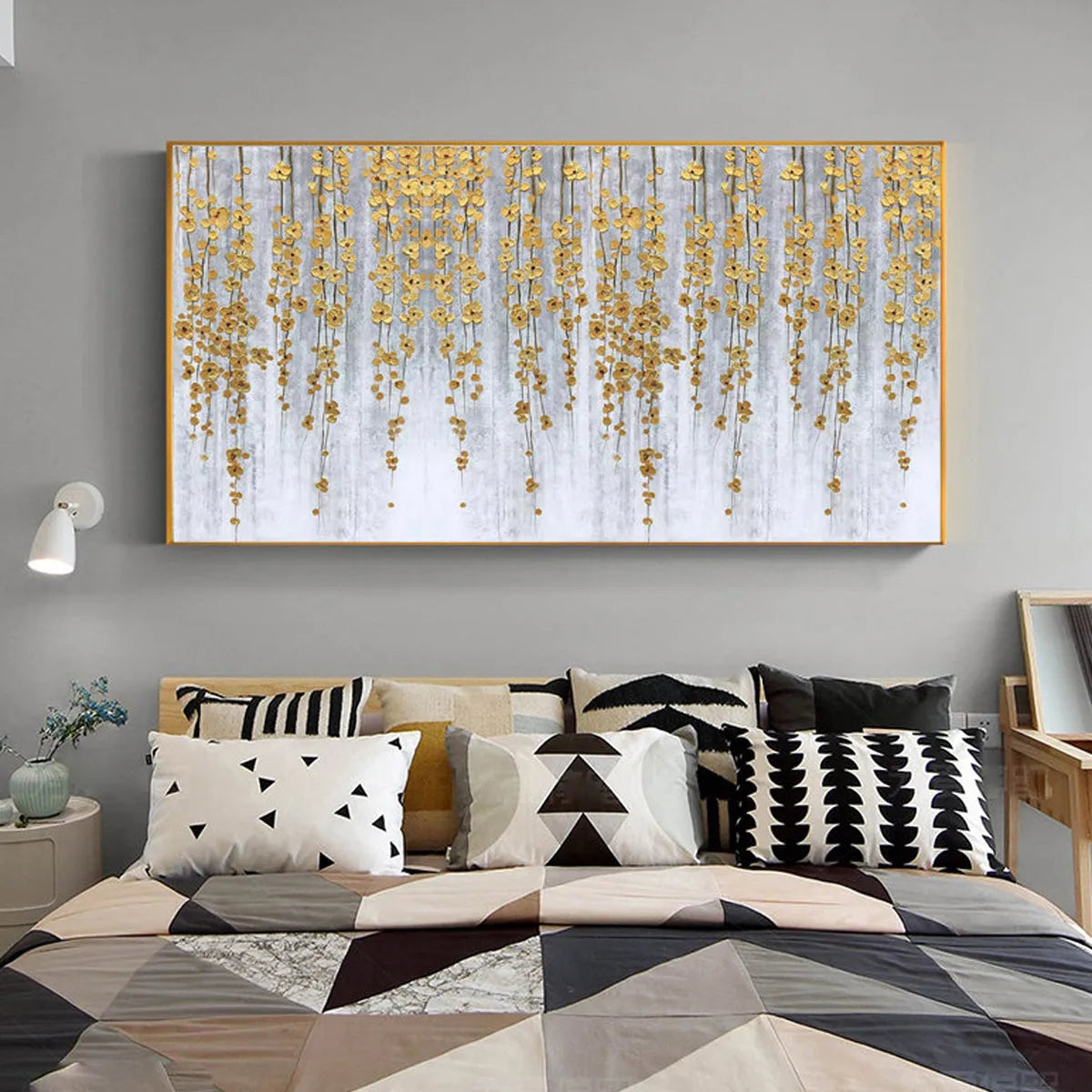 GOLDEN RAIN: Minimalist Floral Oil Painting in Gold and Grey - Image 6