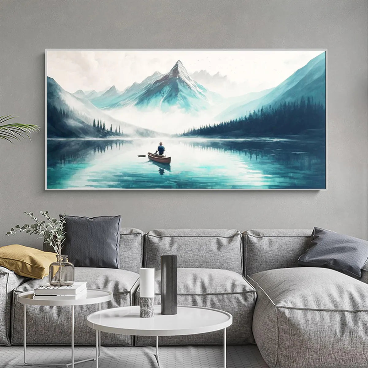 SOLITUDE'S EMBRACE: Panoramic Lake and Mountain Landscape Oil Painting with Canoe - Image 2