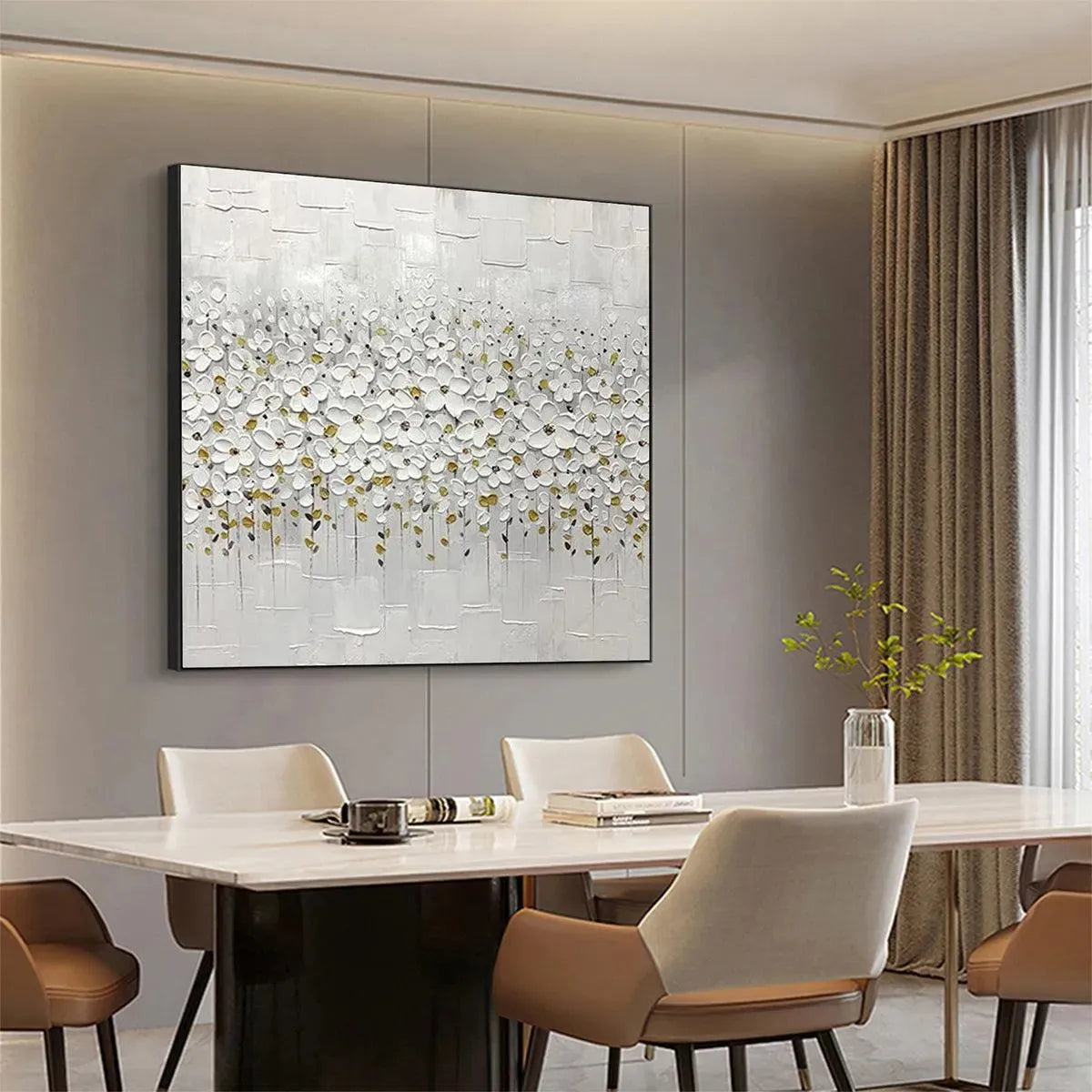 WHITE BLOSSOM FIELD: Textured White Floral Painting, Square Wall Art - Image 7