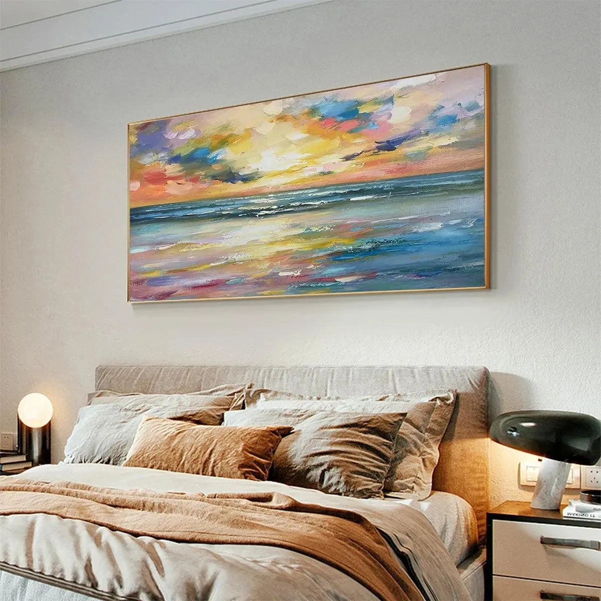 SEASIDE SUNSET SERENADE: Ocean Painting, Impasto Texture, Sunset Beach, Panoramic Wall Art, Horizontal Canvas - Image 7