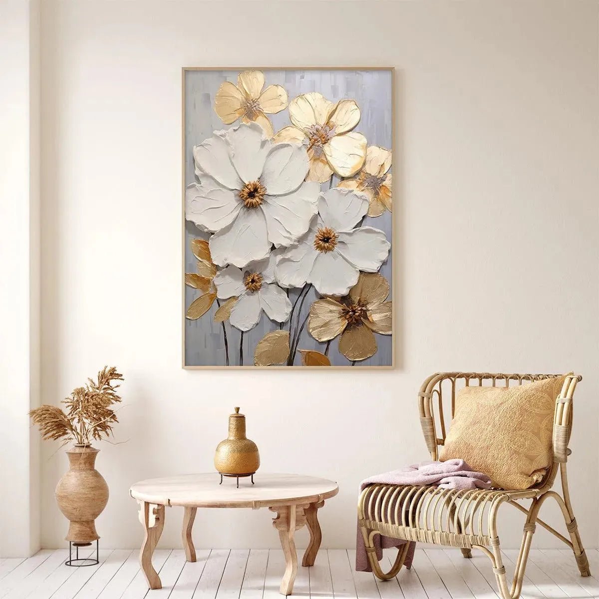 GOLDEN WHISPERS: Textured Floral Painting, Gold and White Wall Art, Vertical Canvas, Impasto Decor - Image 5