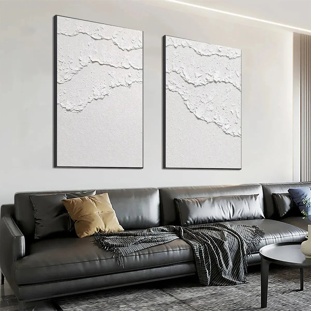 WHITE TEXTURED WAVES DIPTYCH: Textured Abstract Painting Set of 2, Vertical Wall Art - Image 4
