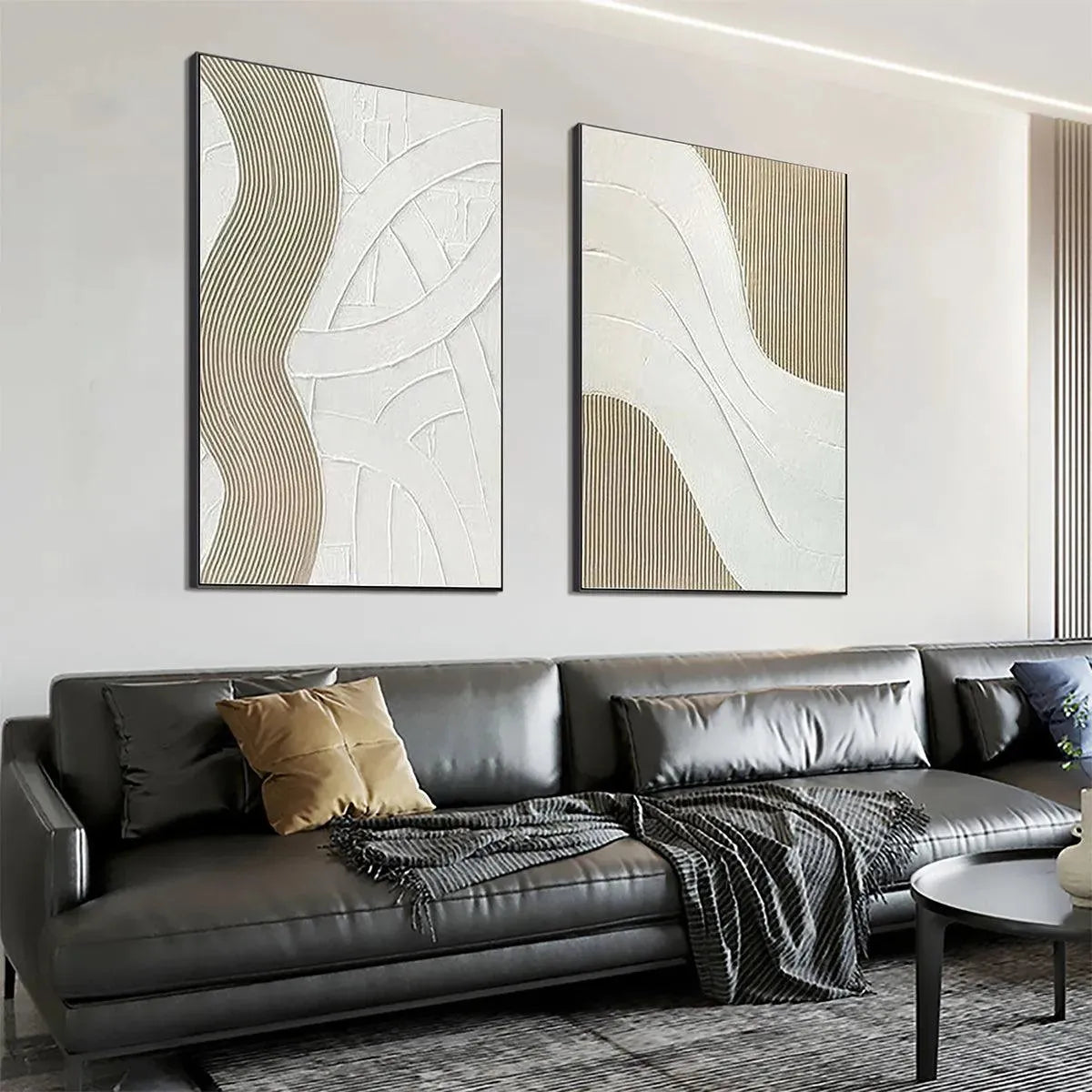 TEXTURED WHITE LINES DIPTYCH: Minimalist Textured Painting Set of 2, Square Wall Art - Image 5