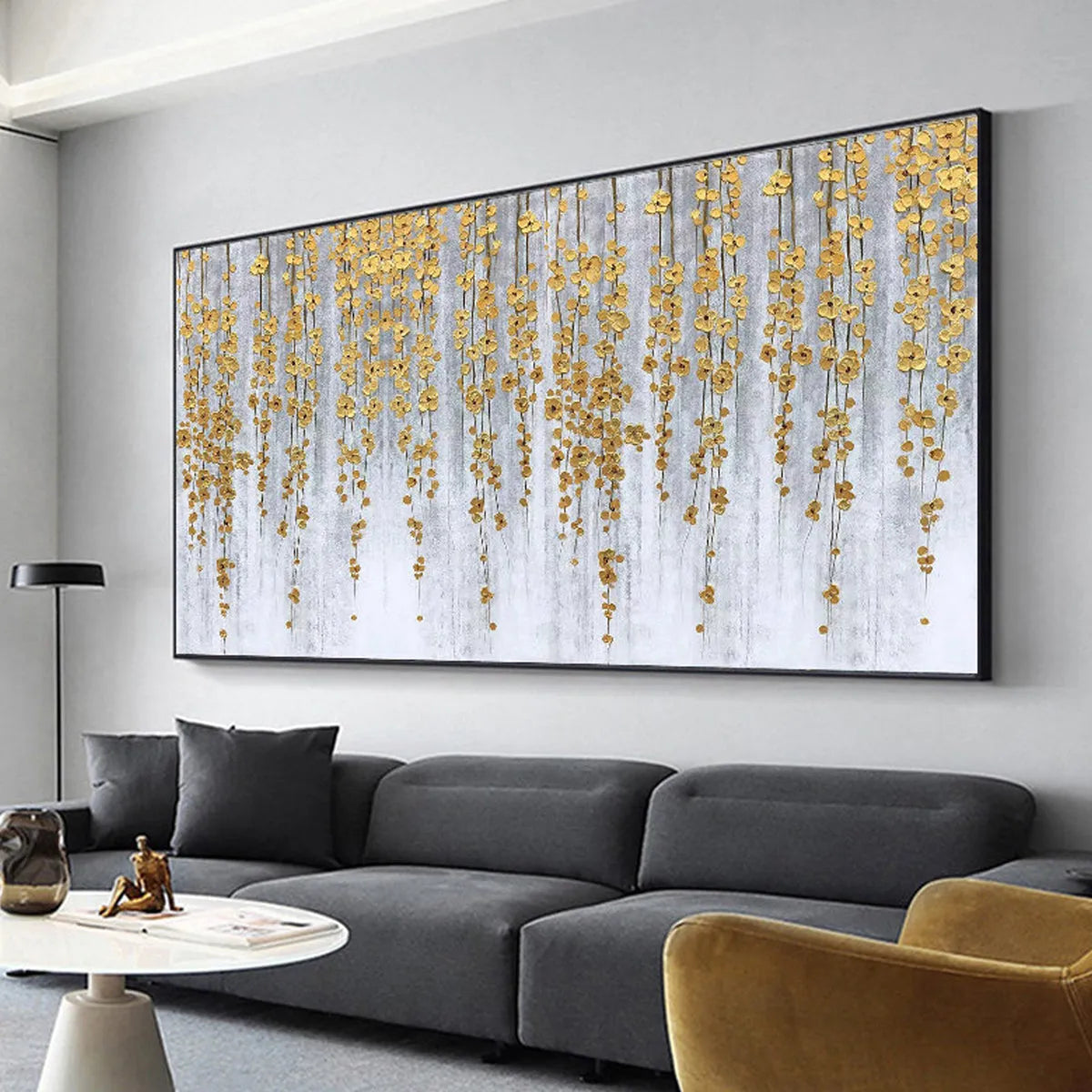 GOLDEN RAIN: Minimalist Floral Oil Painting in Gold and Grey - Image 7