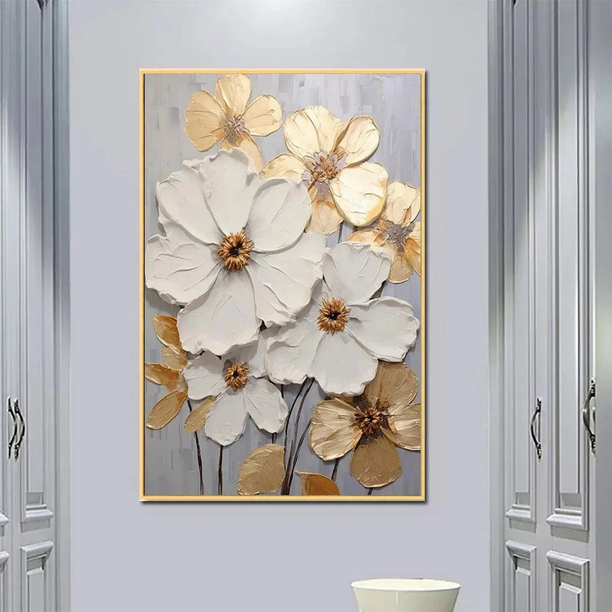 GOLDEN WHISPERS: Textured Floral Painting, Gold and White Wall Art, Vertical Canvas, Impasto Decor - Image 2