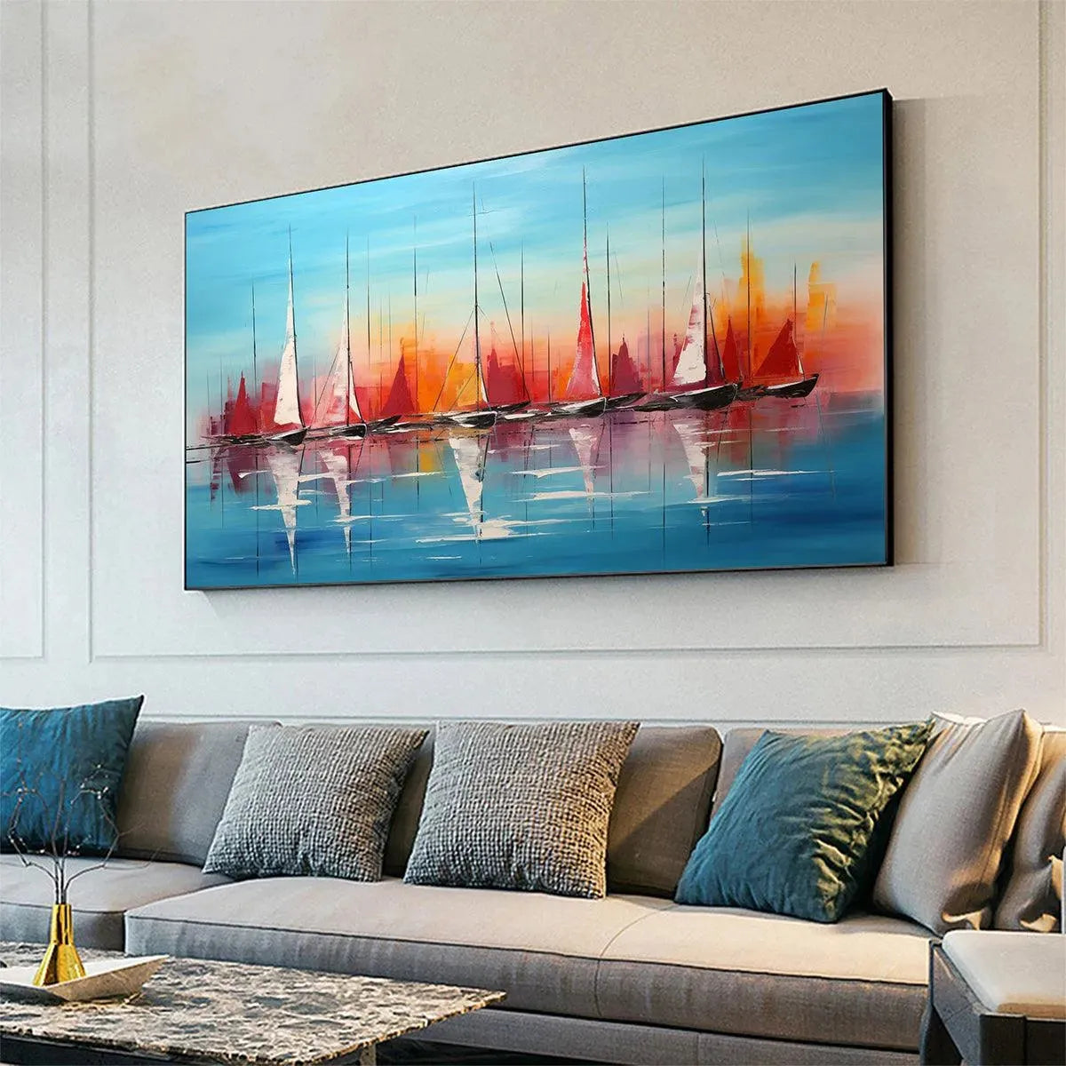HARBOR SUNSET: Panoramic Sailboat Painting, Colorful Sunset - Image 2