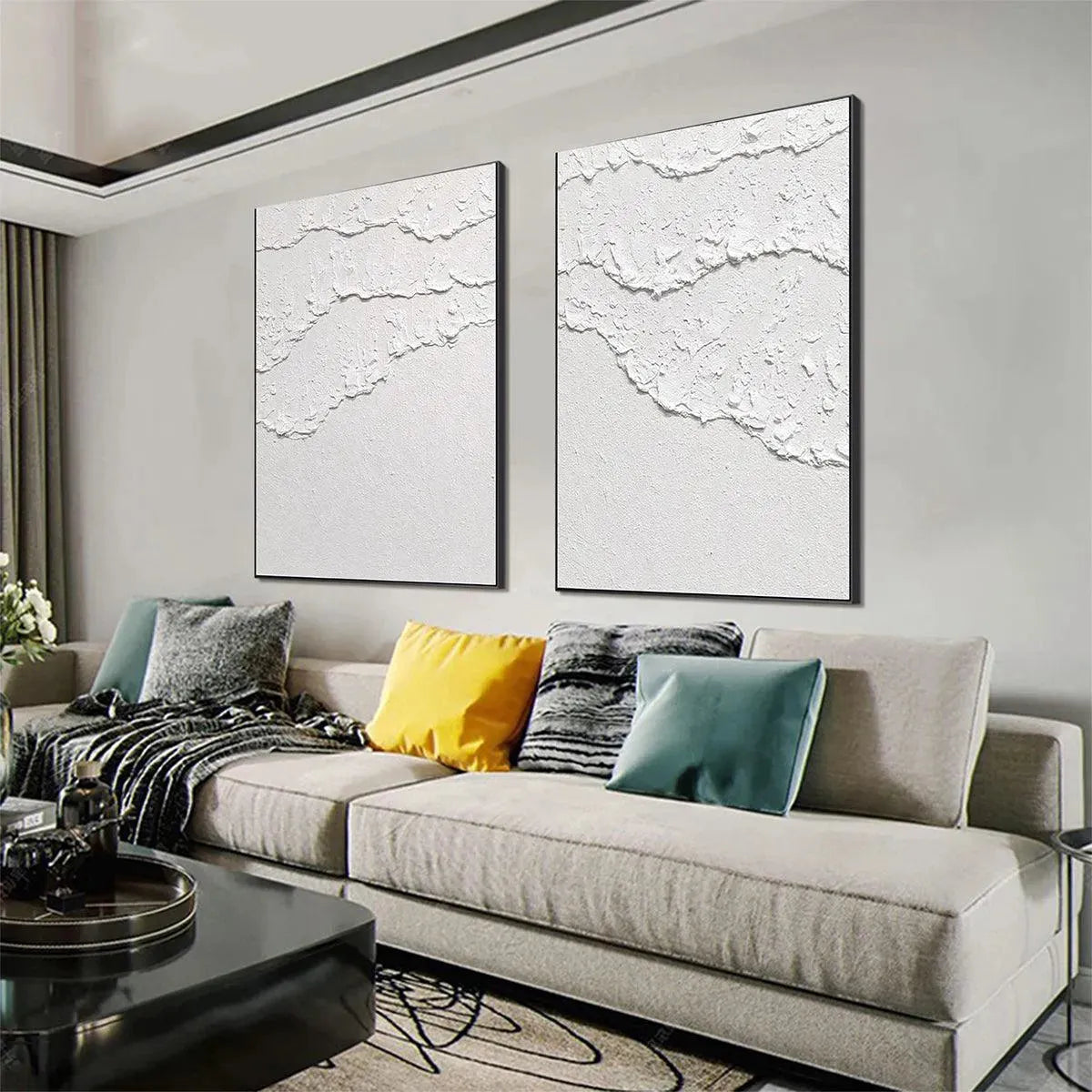 WHITE TEXTURED WAVES DIPTYCH: Textured Abstract Painting Set of 2, Vertical Wall Art - Image 7
