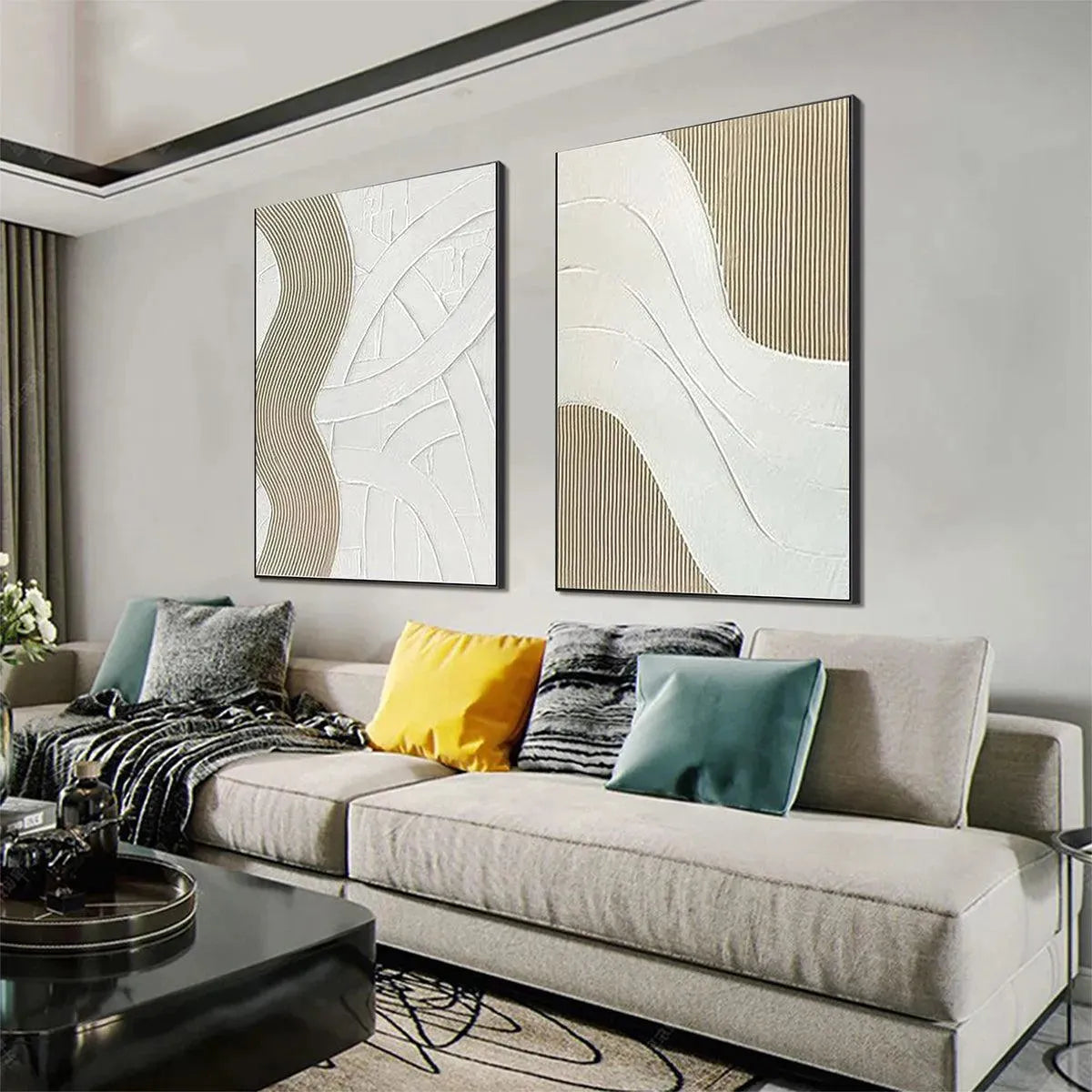TEXTURED WHITE LINES DIPTYCH: Minimalist Textured Painting Set of 2, Square Wall Art - Image 6