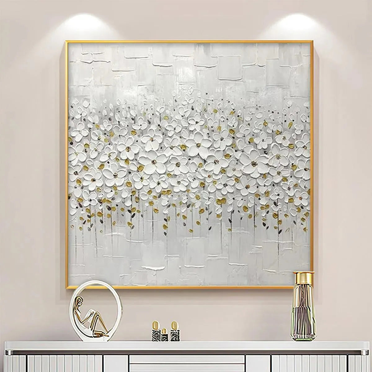 WHITE BLOSSOM FIELD: Textured White Floral Painting, Square Wall Art - Image 8