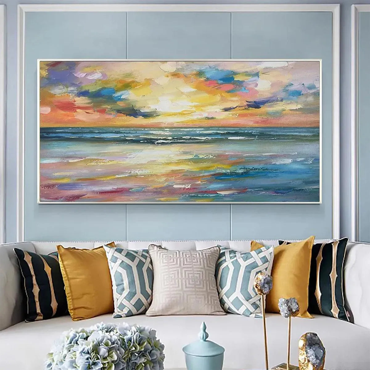SEASIDE SUNSET SERENADE: Ocean Painting, Impasto Texture, Sunset Beach, Panoramic Wall Art, Horizontal Canvas - Image 8