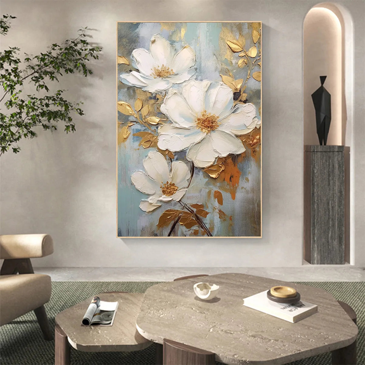 GOLDEN BLOSSOMS: Vertical Textured Floral Painting, Impasto White Flowers, Gold Accents, Living Room, Bedroom - Image 7