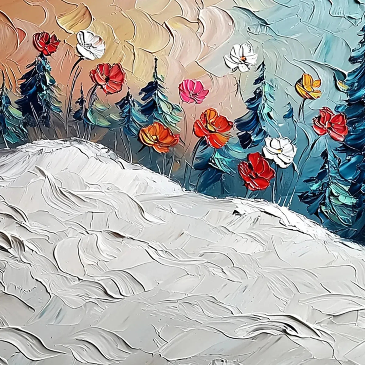 FROZEN BLOOM: Textured Impasto Landscape with Floral Accents - Image 3