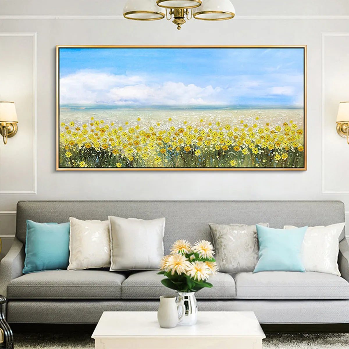 GOLDEN HOUR BLOOM: Landscape Oil Painting with Yellow Wildflowers and Blue Sky - Image 2