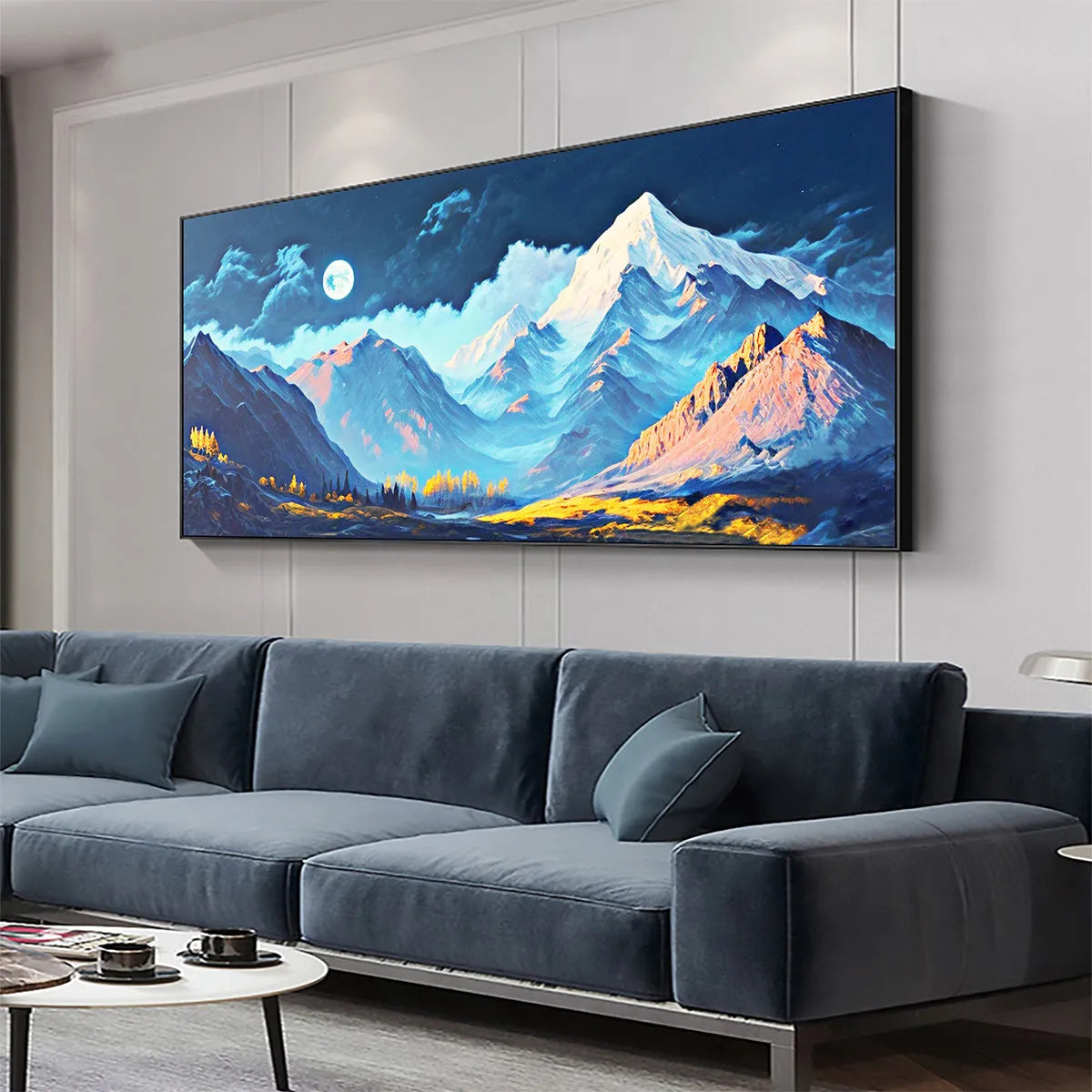 MOONLIT MAJESTY: Panoramic Mountain Landscape Oil Painting with Moon - Image 2