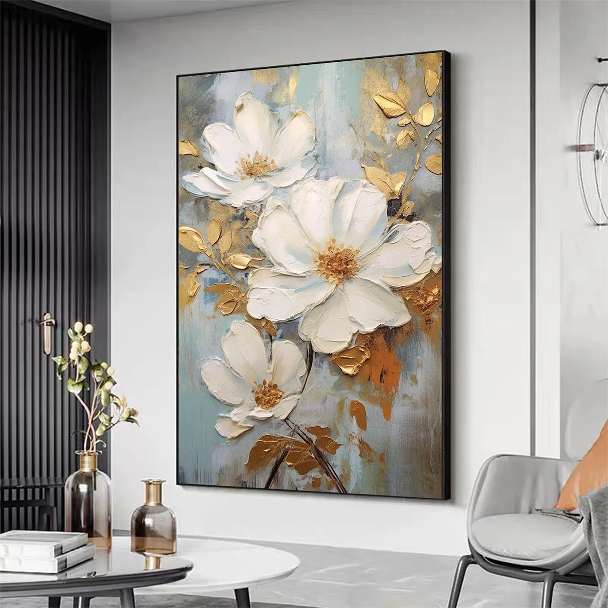 GOLDEN BLOSSOMS: Vertical Textured Floral Painting, Impasto White Flowers, Gold Accents, Living Room, Bedroom - Image 5