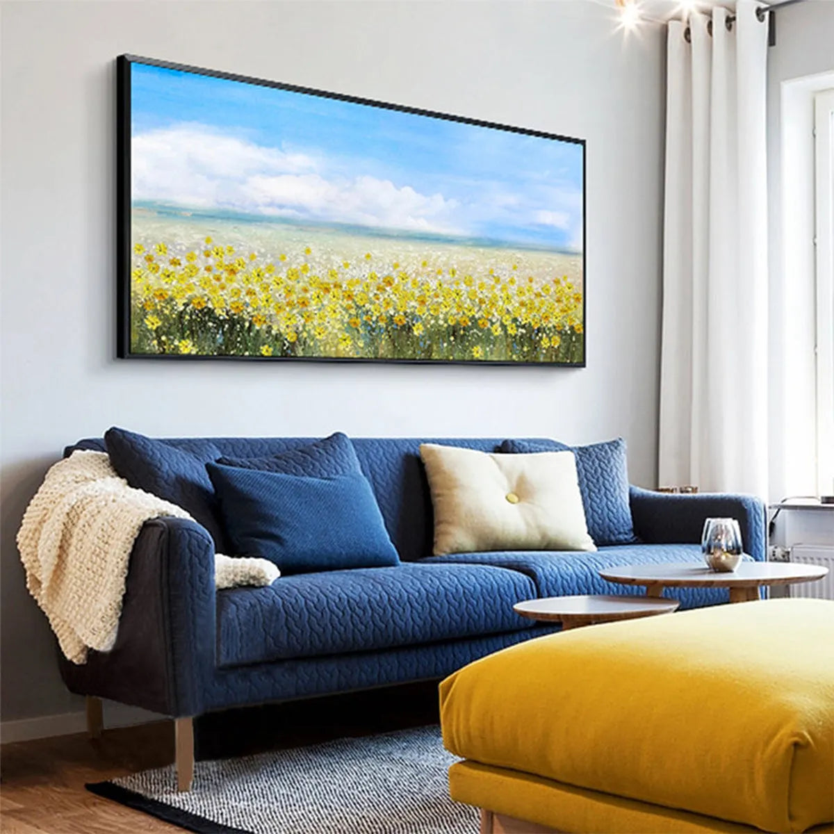 GOLDEN HOUR BLOOM: Landscape Oil Painting with Yellow Wildflowers and Blue Sky - Image 4