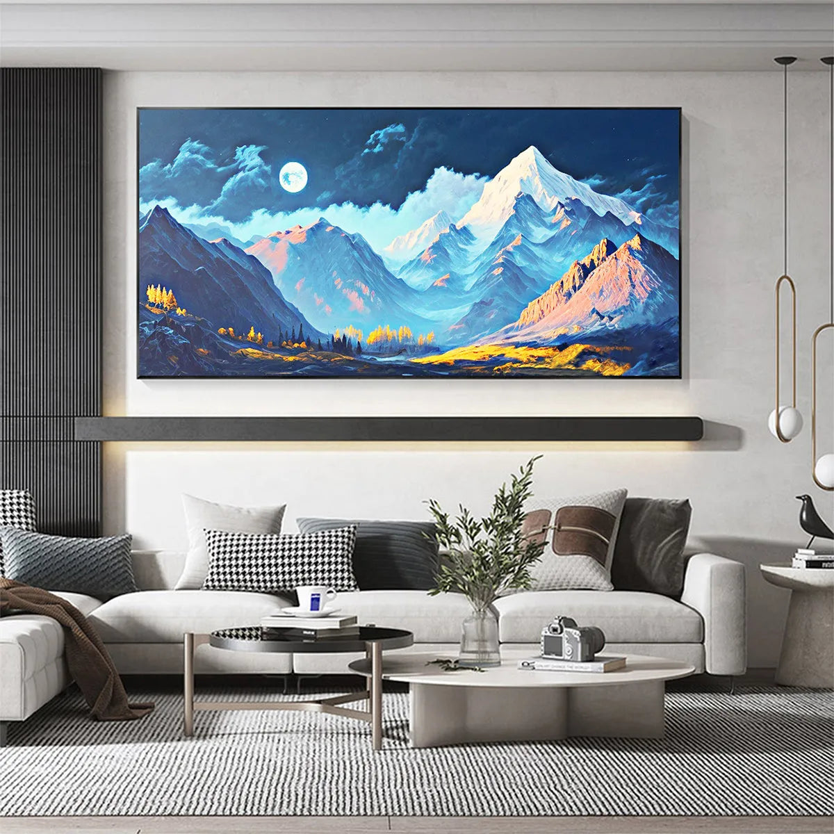MOONLIT MAJESTY: Panoramic Mountain Landscape Oil Painting with Moon - Image 4