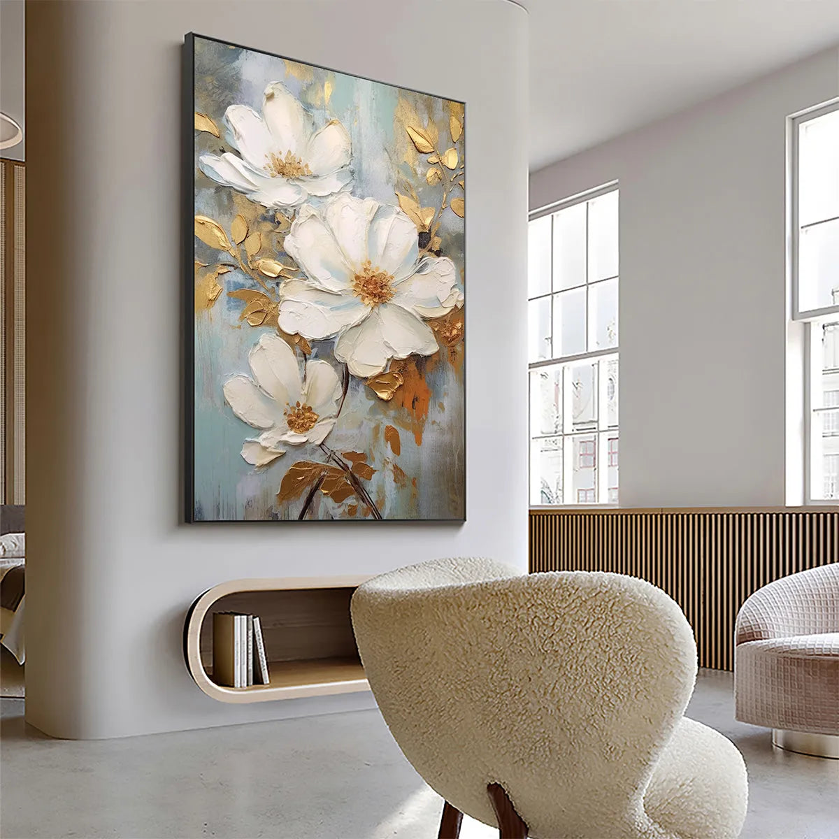 GOLDEN BLOSSOMS: Vertical Textured Floral Painting, Impasto White Flowers, Gold Accents, Living Room, Bedroom - Image 8