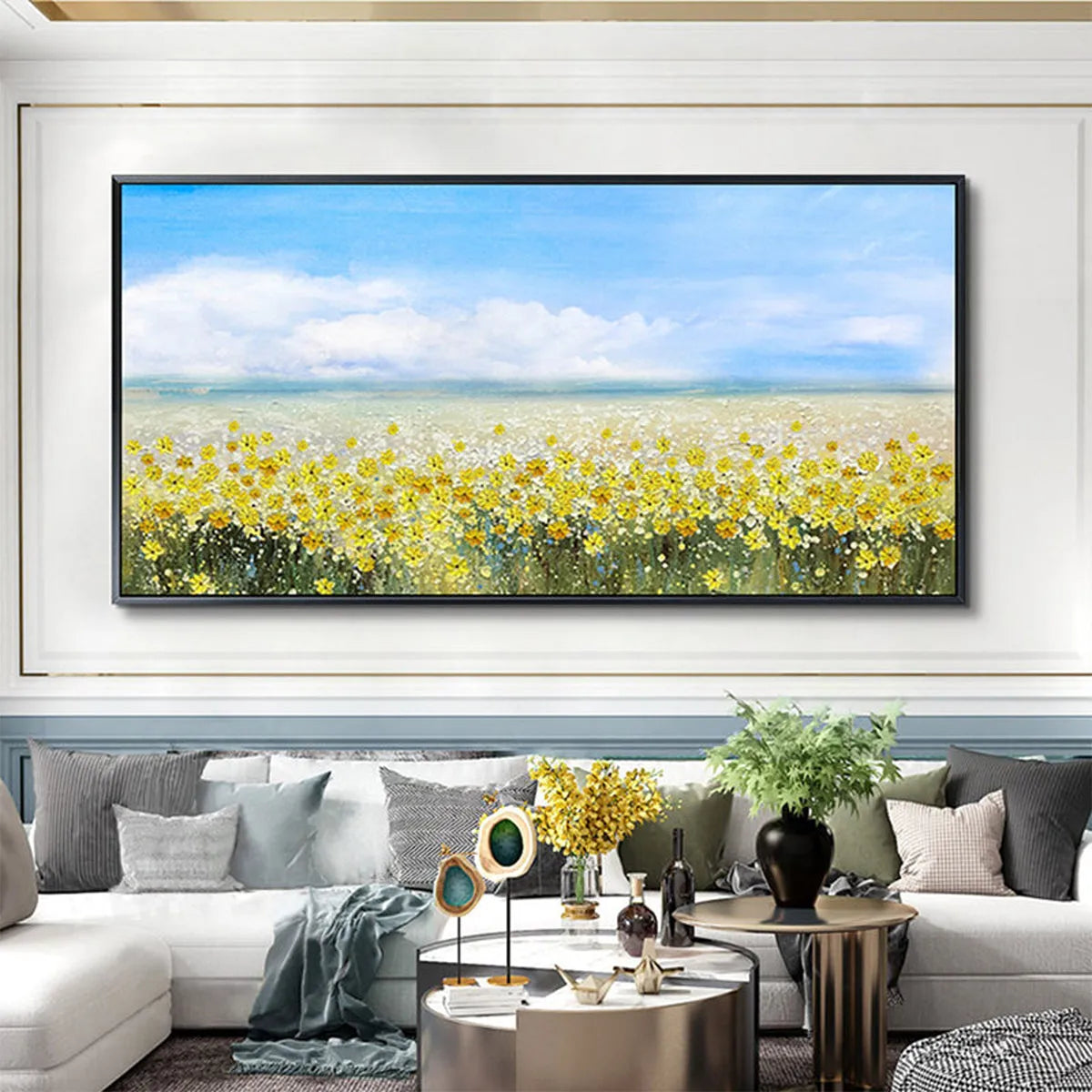 GOLDEN HOUR BLOOM: Landscape Oil Painting with Yellow Wildflowers and Blue Sky - Image 5